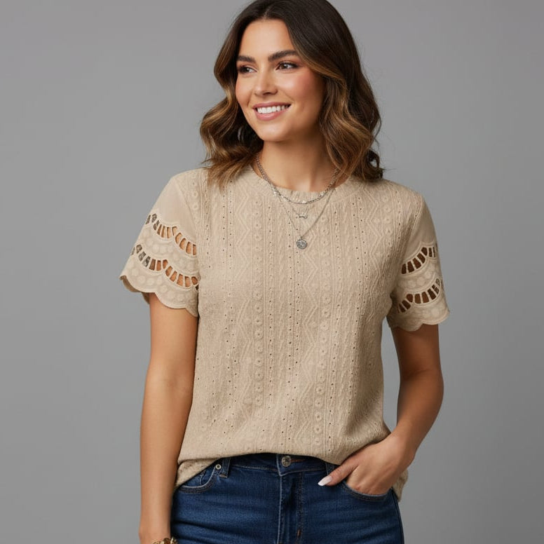 Women’s Short-Sleeve Eyelet Top with Scalloped Trim