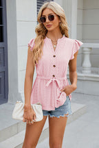 Women’s Button-Front Tie-Waist Cap Sleeve Blouse