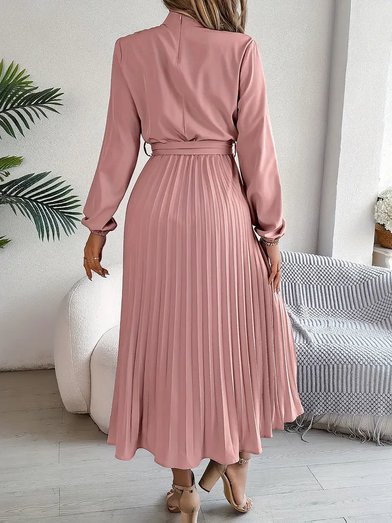 Women’s Pleated Long-Sleeve Belted Midi Dress