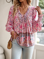Women’s Boho Floral Tunic Top with V-Neck Tie
