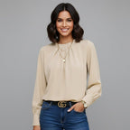 Women’s Long Sleeve Pleated Round-Neck Blouse