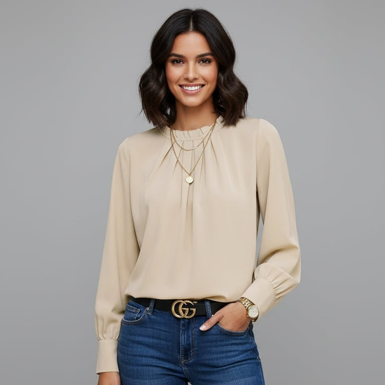 Women’s Long Sleeve Pleated Round-Neck Blouse