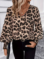 Women’s Long-Sleeve Leopard Print V-Neck Blouse