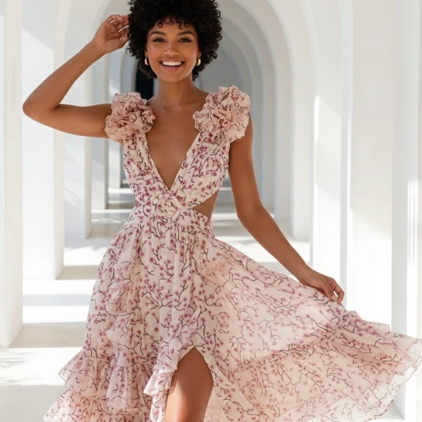 Women’s Floral Maxi Dress with V-Neck and Cutout Waist