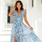 Women’s Floral Maxi Dress with V-Neck and Cutout Waist