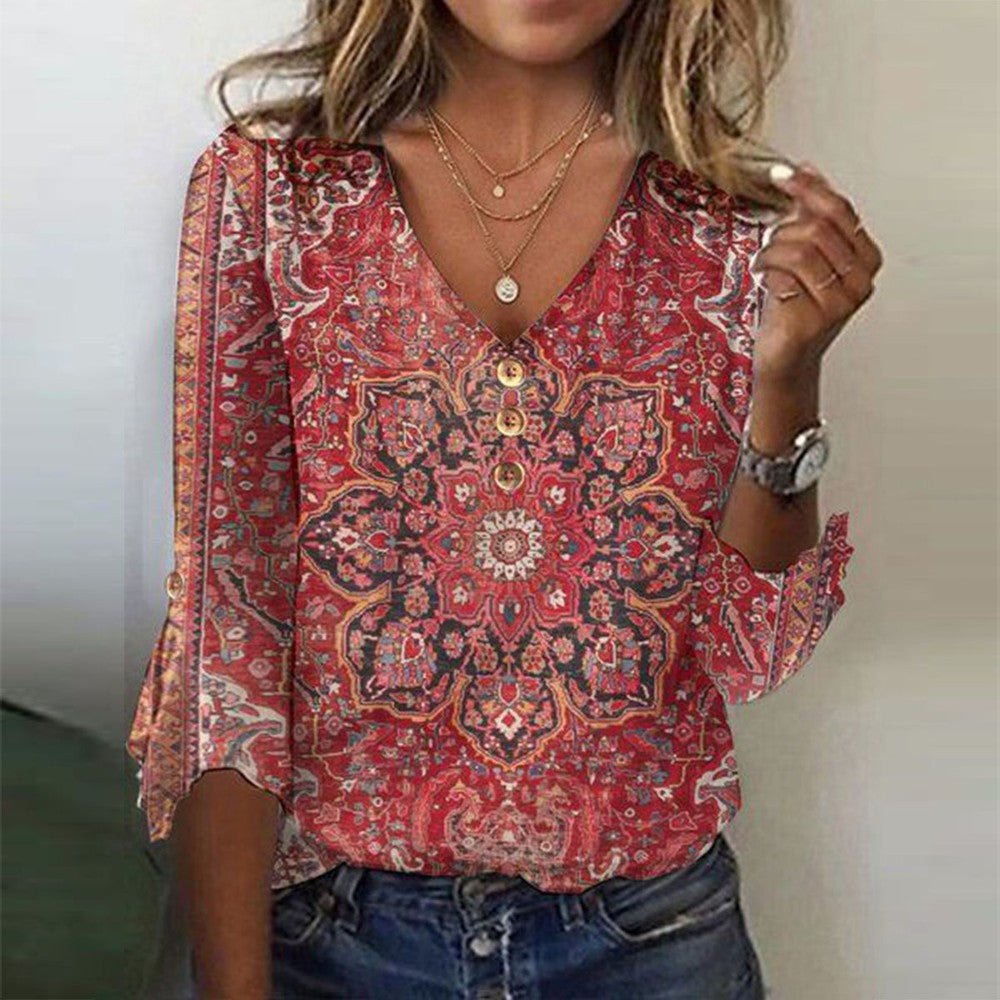 Women’s Floral V-Neck Button Down Blouse