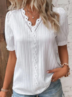 Women’s Pleated V-Neck Blouse with Puff Sleeves