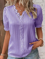 Women’s Pleated V-Neck Blouse with Puff Sleeves
