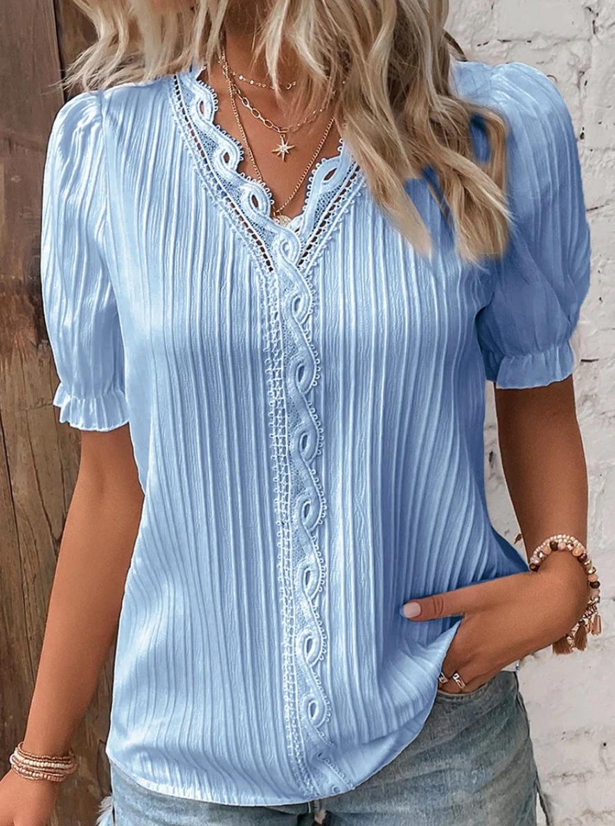 Women’s Pleated V-Neck Blouse with Puff Sleeves