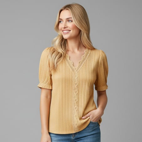 Women’s Pleated V-Neck Blouse with Puff Sleeves