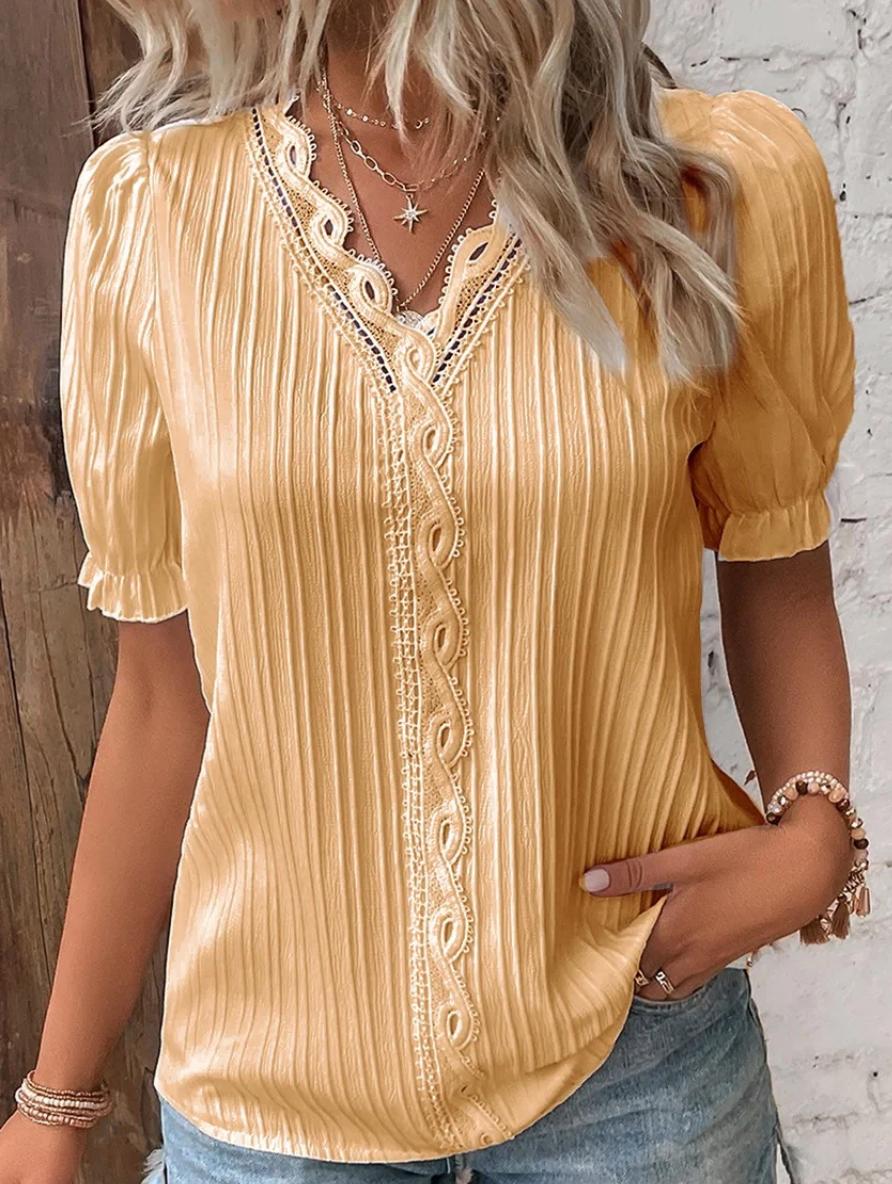 Women’s Pleated V-Neck Blouse with Puff Sleeves