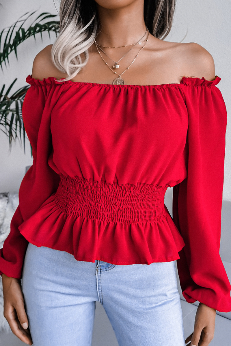 Women’s Off-Shoulder Smocked Waist Ruffle Blouse