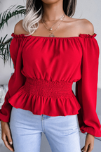 Women’s Off-Shoulder Smocked Waist Ruffle Blouse