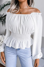 Women’s Off-Shoulder Smocked Waist Ruffle Blouse