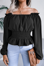 Women’s Off-Shoulder Smocked Waist Ruffle Blouse