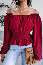 Women’s Off-Shoulder Smocked Waist Ruffle Blouse