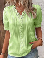 Women’s Pleated V-Neck Blouse with Puff Sleeves
