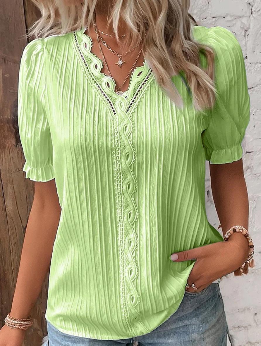 Women’s Pleated V-Neck Blouse with Puff Sleeves