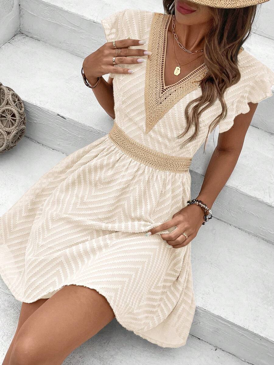 Women’s V-Neck Short Sleeve Mini Dress with Crochet