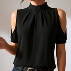 Women’s Pleated High-Neck Cut-Out Sleeve Blouse