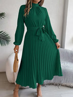Women’s Pleated Long-Sleeve Belted Midi Dress