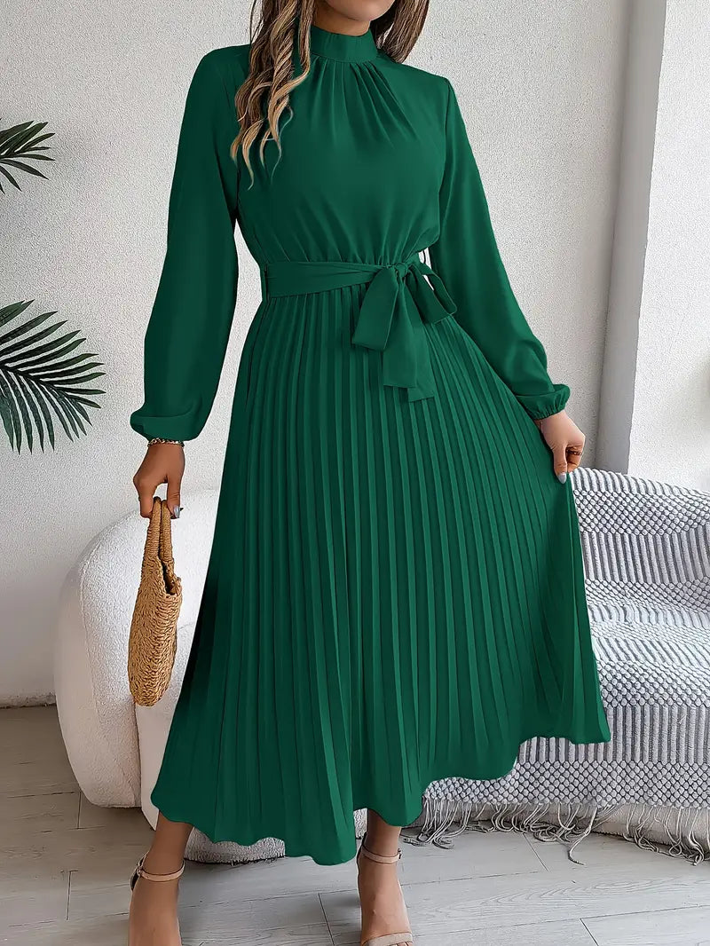 Women’s Pleated Long-Sleeve Belted Midi Dress