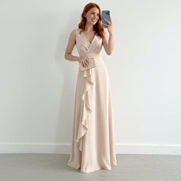 Women's Elegant Wrap Maxi Dress with V-Neck and Asymmetrical Hem