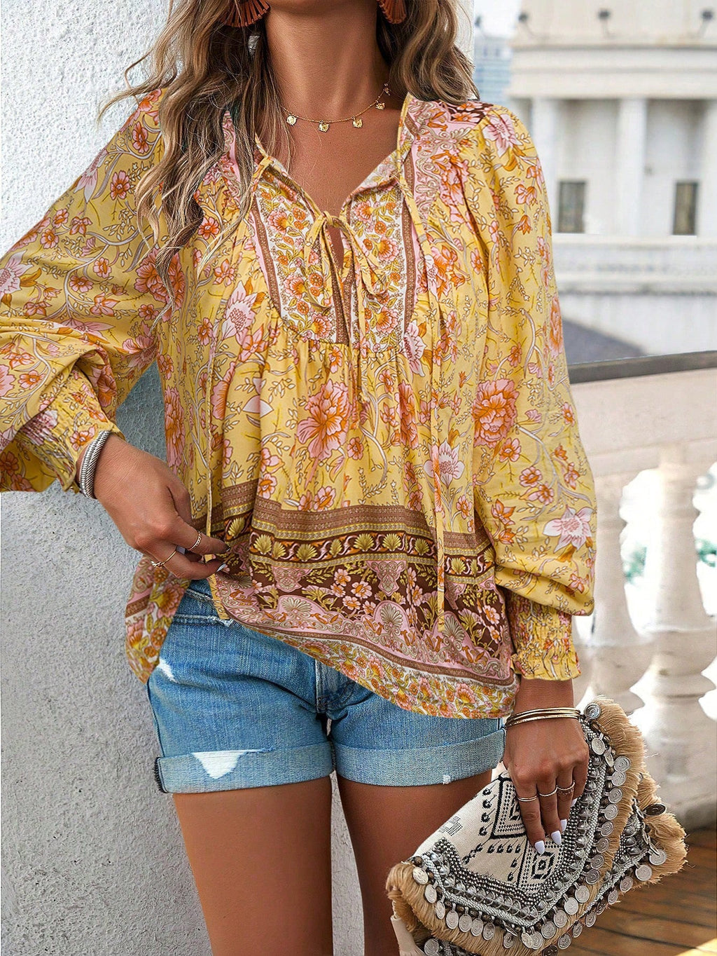Women’s Boho Floral Tunic Top with V-Neck Tie