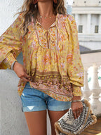 Women’s Boho Floral Tunic Top with V-Neck Tie