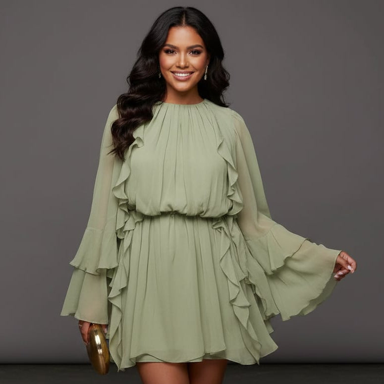 Women’s High-Neck Ruffle Long Sleeve Mini Dress
