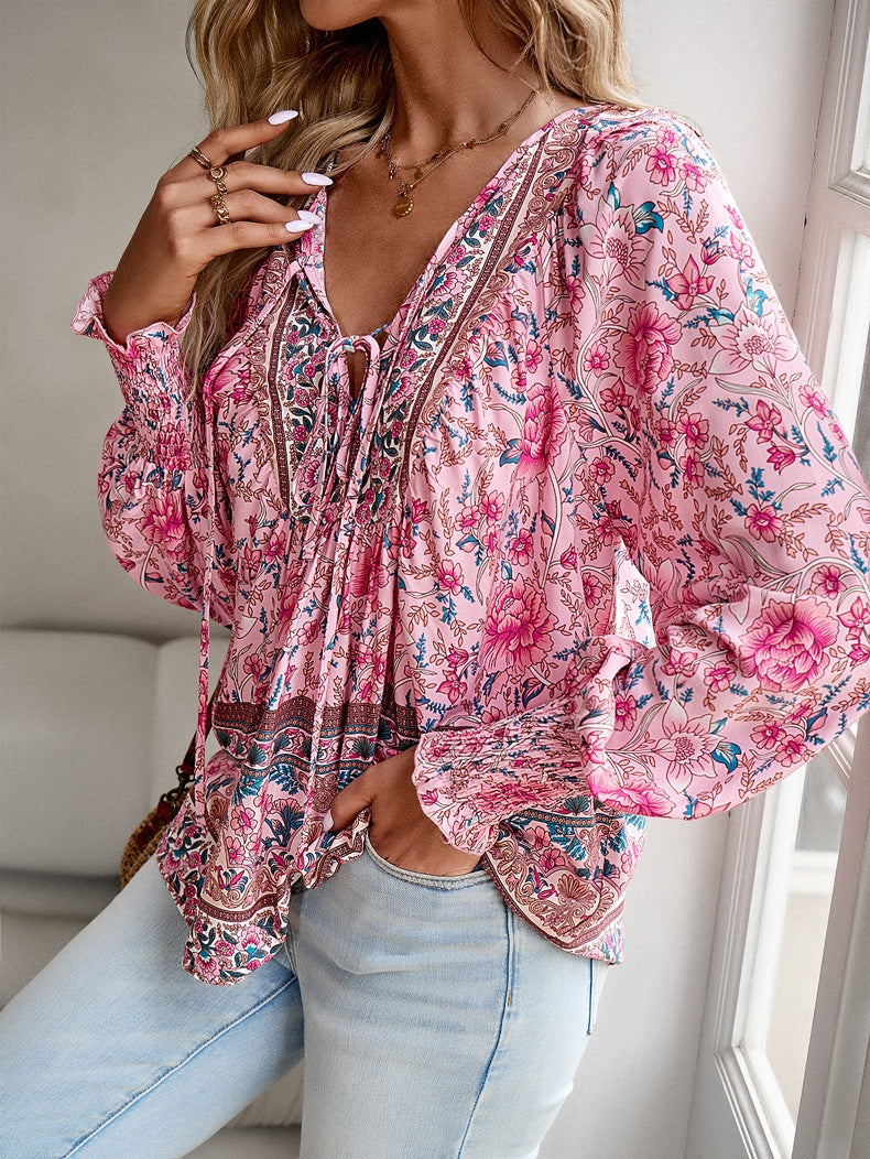 Women’s Boho Floral Tunic Top with V-Neck Tie