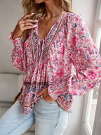Women’s Boho Floral Tunic Top with V-Neck Tie