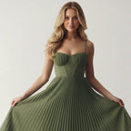 Women’s Pleated Midi Dress with Corset Bodice