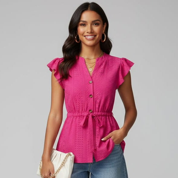 Women’s Button-Front Tie-Waist Cap Sleeve Blouse