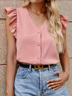 Women’s Sleeveless V-Neck Button-Up Ruffle Blouse