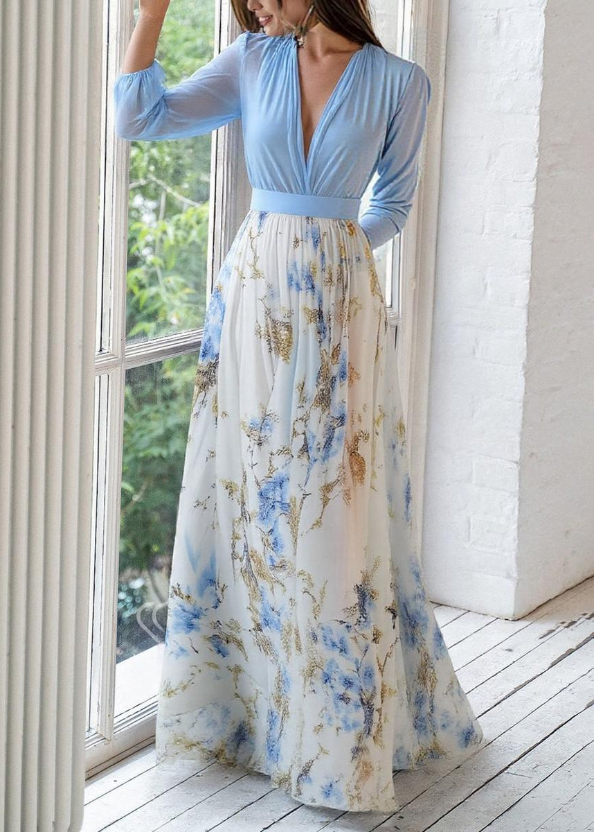 Women’s V-Neck Maxi Dress with Floral Skirt