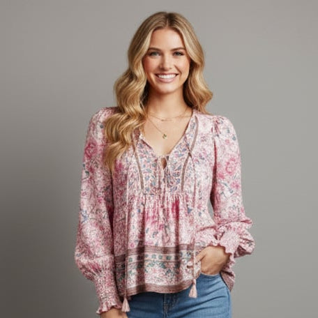 Women’s Boho Floral Tunic Top with V-Neck Tie
