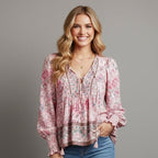Women’s Boho Floral Tunic Top with V-Neck Tie