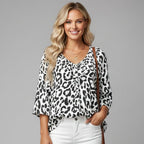 Women's Animal Print Blouse with V-Neck 3/4 Sleeves and Loose Fit