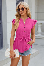 Women’s Button-Front Tie-Waist Cap Sleeve Blouse