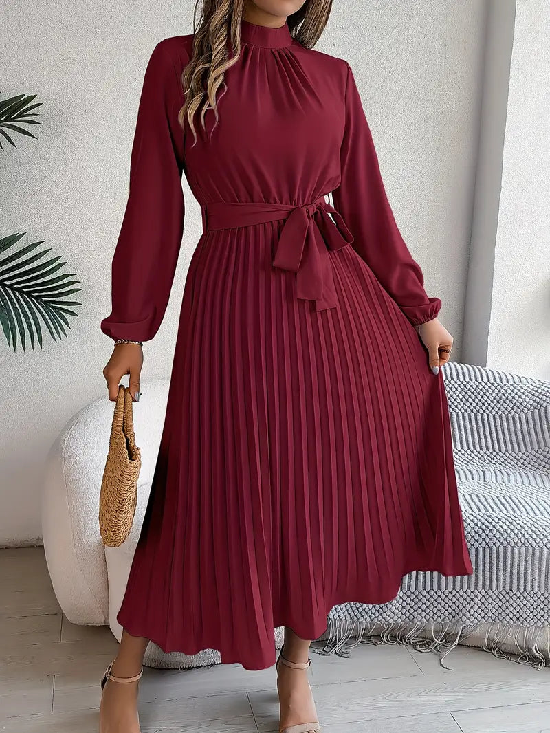 Women’s Pleated Long-Sleeve Belted Midi Dress