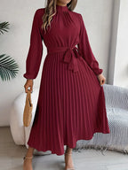 Women’s Pleated Long-Sleeve Belted Midi Dress