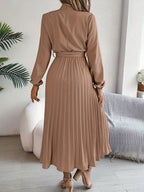 Women’s Pleated Long-Sleeve Belted Midi Dress
