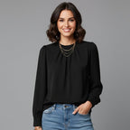 Women’s Long Sleeve Pleated Round-Neck Blouse