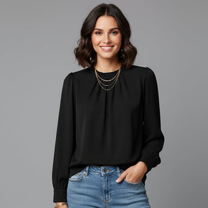 Women’s Long Sleeve Pleated Round-Neck Blouse