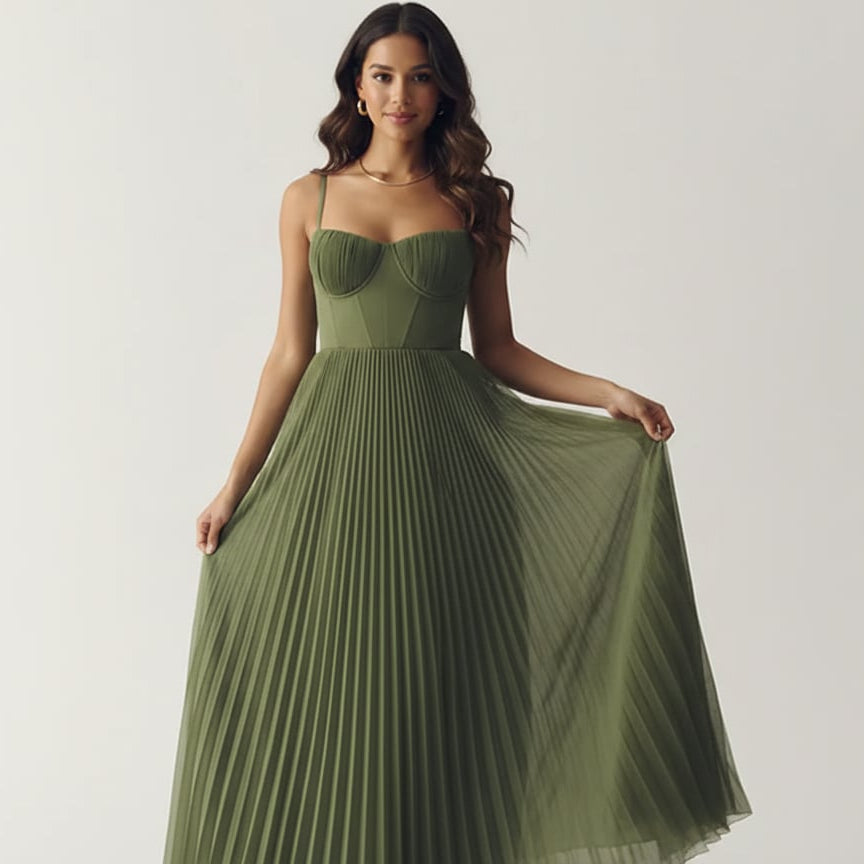 Women’s Pleated Midi Dress with Corset Bodice