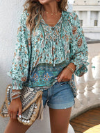 Women’s Boho Floral Tunic Top with V-Neck Tie