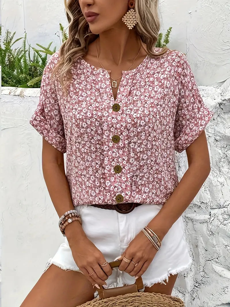 Women's Floral Short-Sleeve Button-Front Blouse