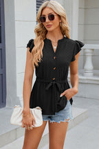 Women’s Button-Front Tie-Waist Cap Sleeve Blouse