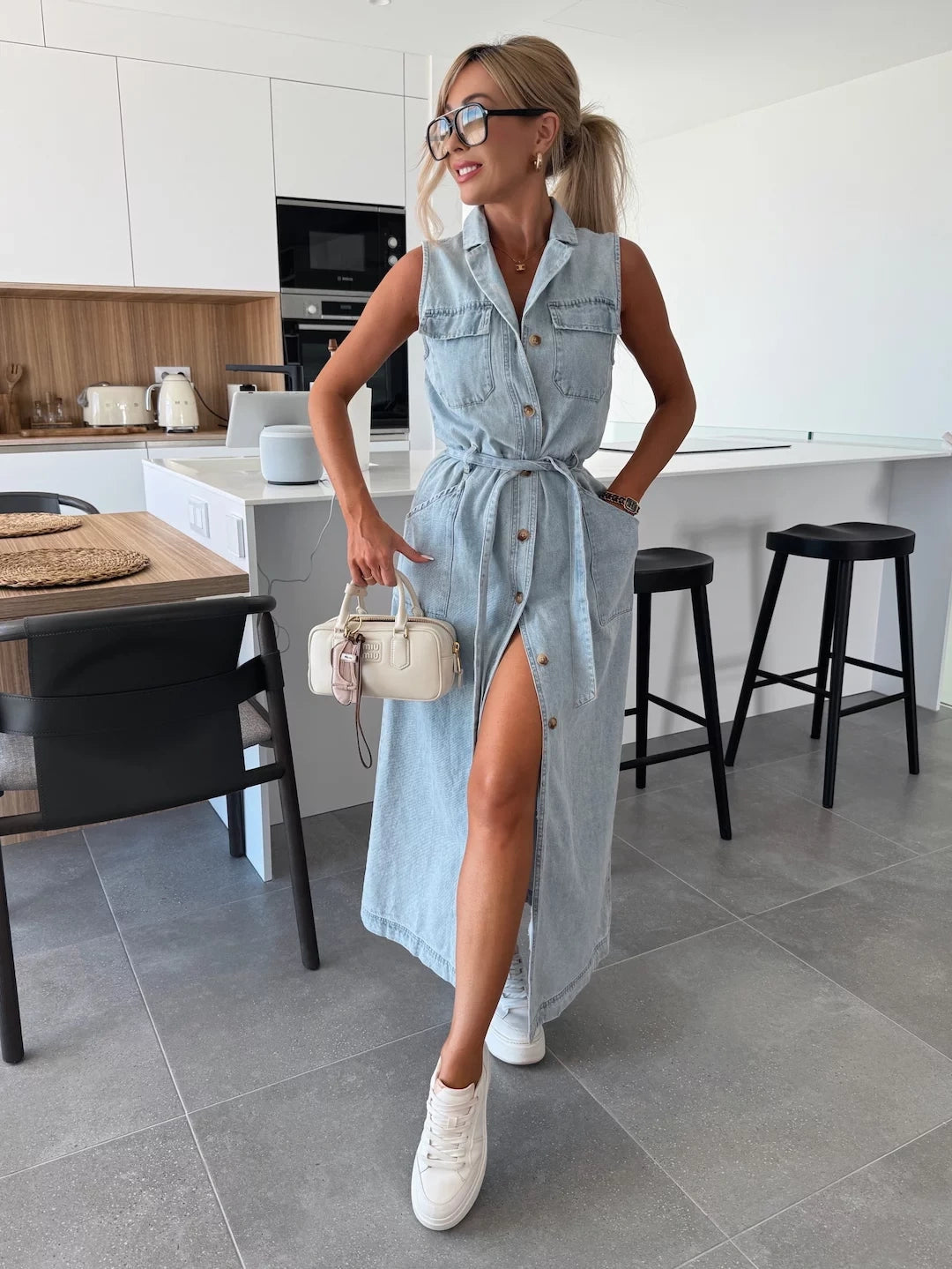 Women’s Sleeveless Denim Maxi Dress with Belted Waist